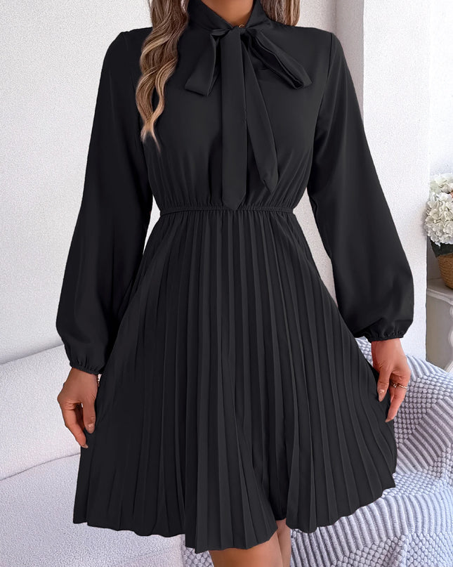 Bow Long Sleeve Chiffon Pleated Dress