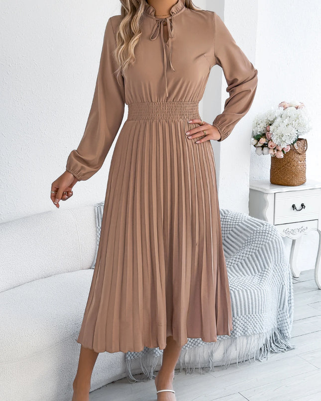 V Neck Lace Up Pleated Maxi Dress