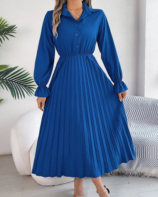 Solid Color Polo Neck Flare Dress