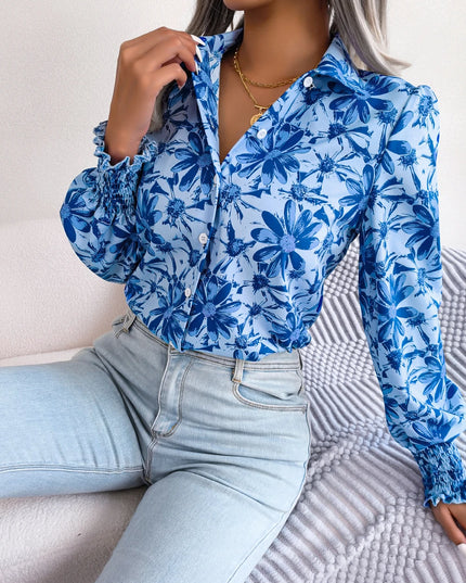 Floral Chiffon Lantern Sleeve Shirt