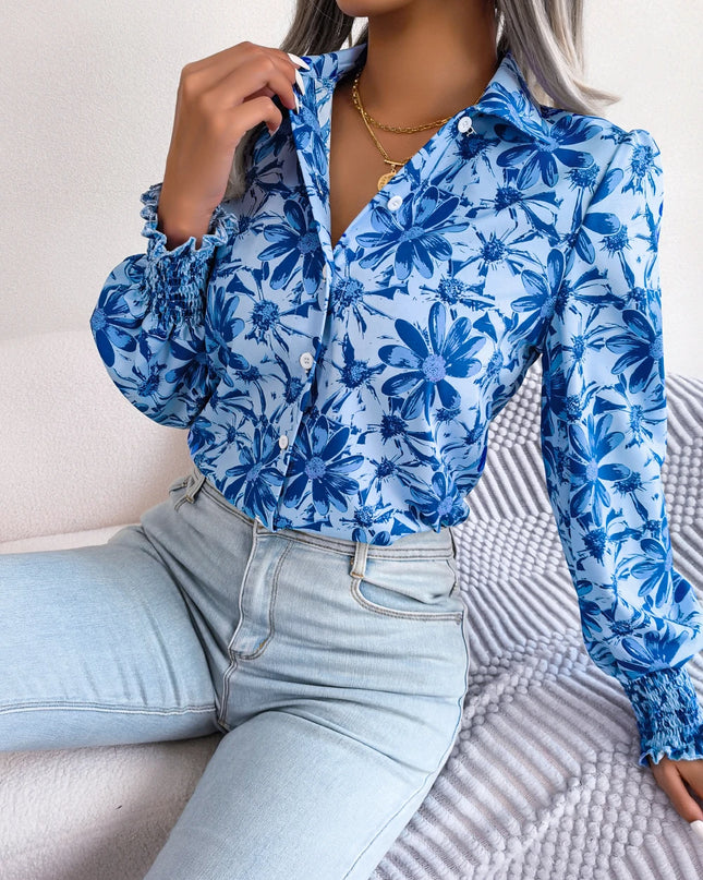 Floral Chiffon Lantern Sleeve Shirt