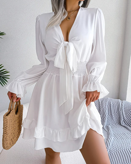 Bow Flare V Neck Ruffled Mini Dress
