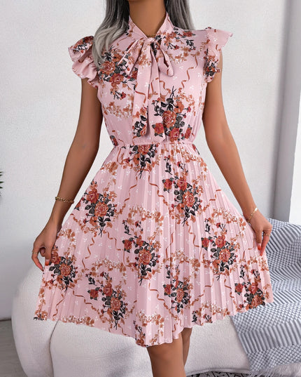 Floral Print Bow Slim Waist Pleated Dress