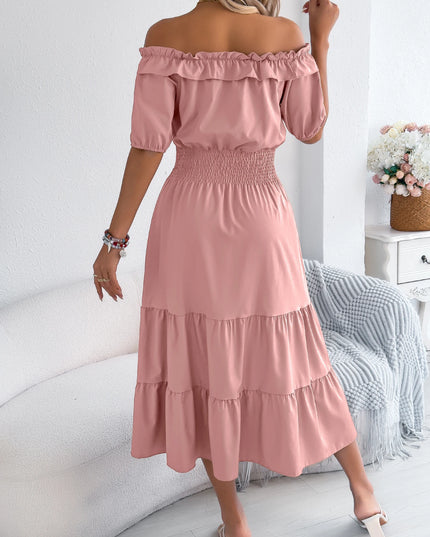 Off Shoulder Waist Cinched Lotus Leaf Edge Dress