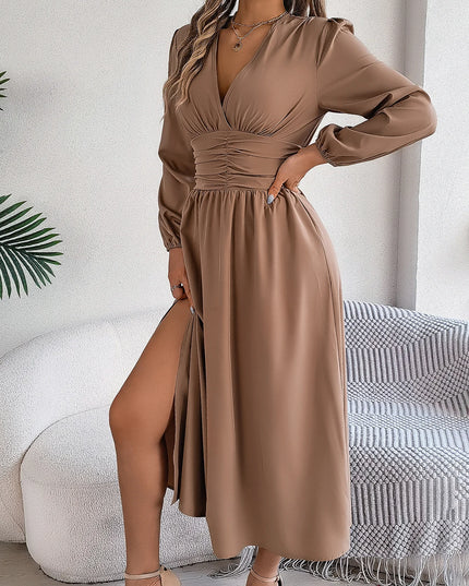 High Split V-Neck Long Sleeve Dress