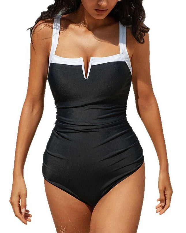 2025 New Summer Sexy High Waist one-piece Bikini Women's V-neck Sling Swimsuit Color matching Swimwear Gathered Tight Beachwear