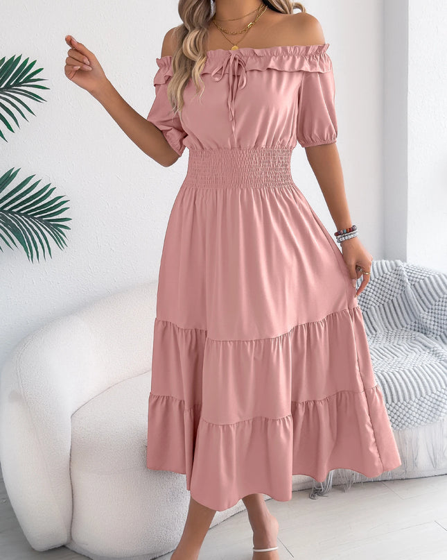 Off Shoulder Waist Cinched Lotus Leaf Edge Dress