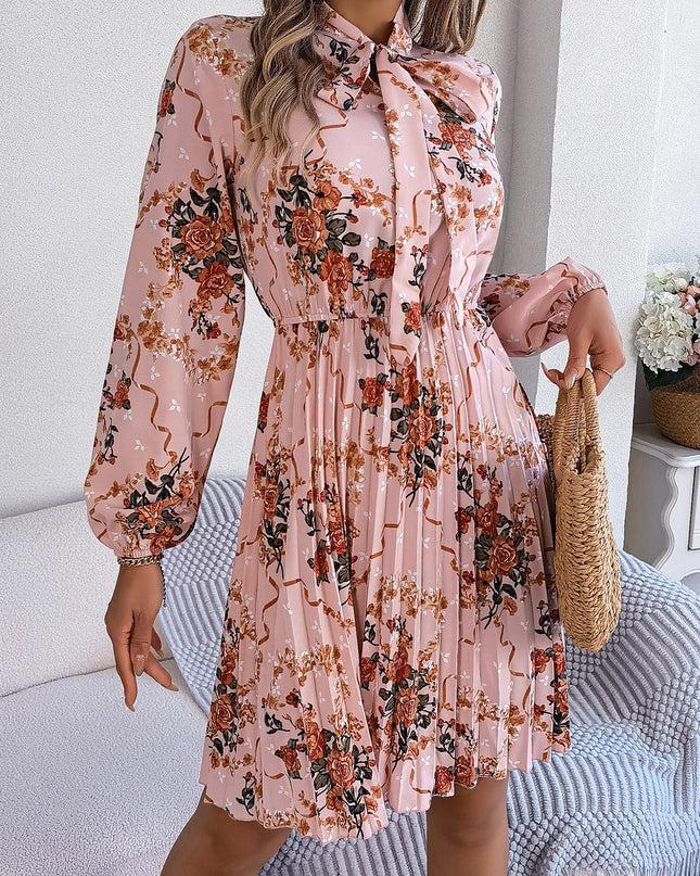 Flower Print Lace Up Bow Pleated Dress