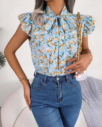 Floral Bow Ruffle Chiffon Blouse