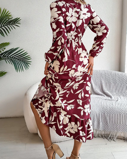 V Neck Floral Ruffled Maxi Dress