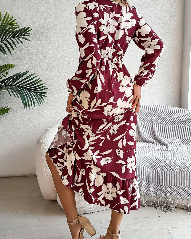 V Neck Floral Ruffled Maxi Dress