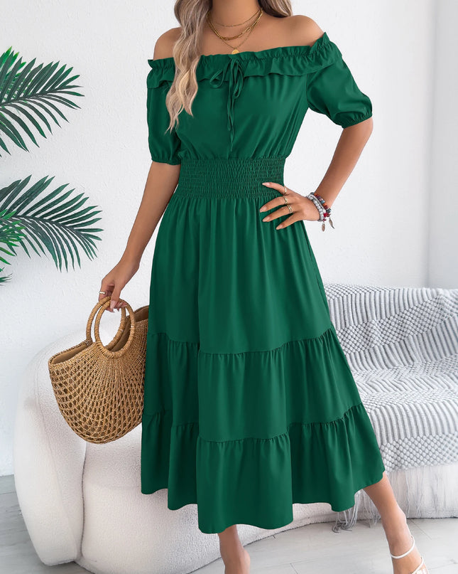 Off Shoulder Waist Cinched Lotus Leaf Edge Dress
