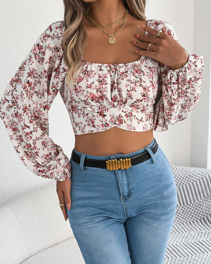 Floral Print Square Neck Chiffon Crop Top