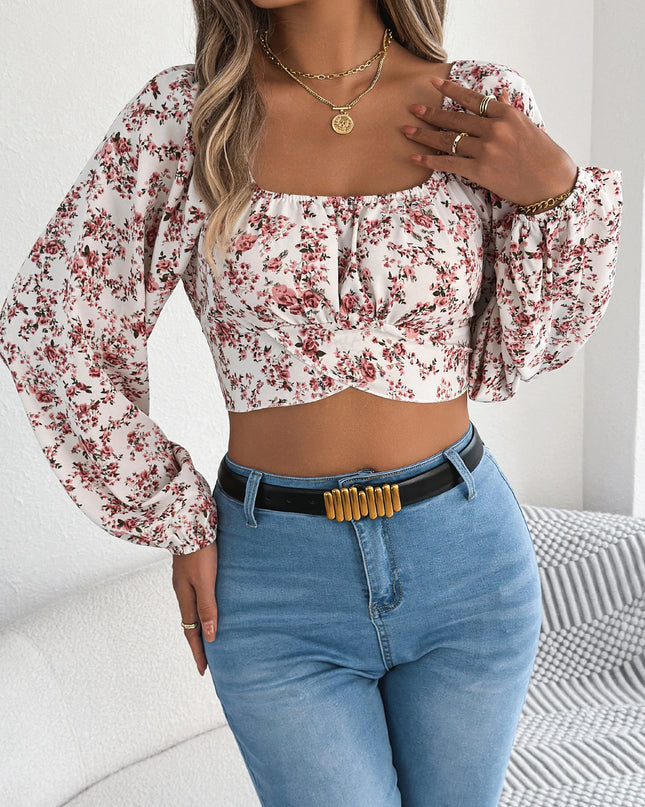 Floral Print Square Neck Chiffon Crop Top