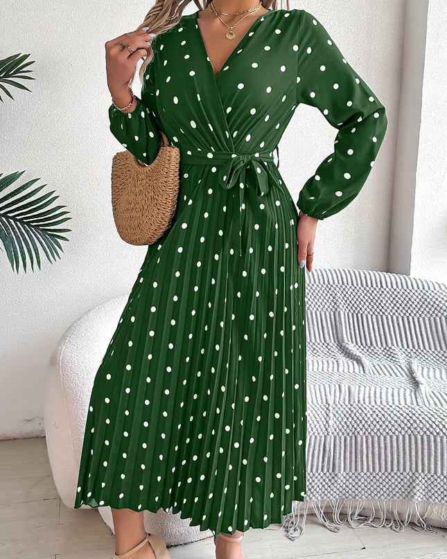 Cross V-Neck Polka Dot Long Dress