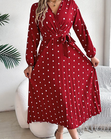Cross V-Neck Polka Dot Long Dress