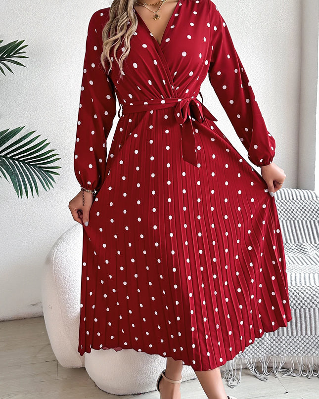 Cross V-Neck Polka Dot Long Dress