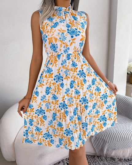 Floral Print Sleeveless Pleated Dress