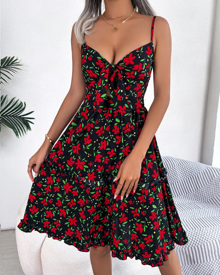Lace Up Floral Ruffled A Line Dress