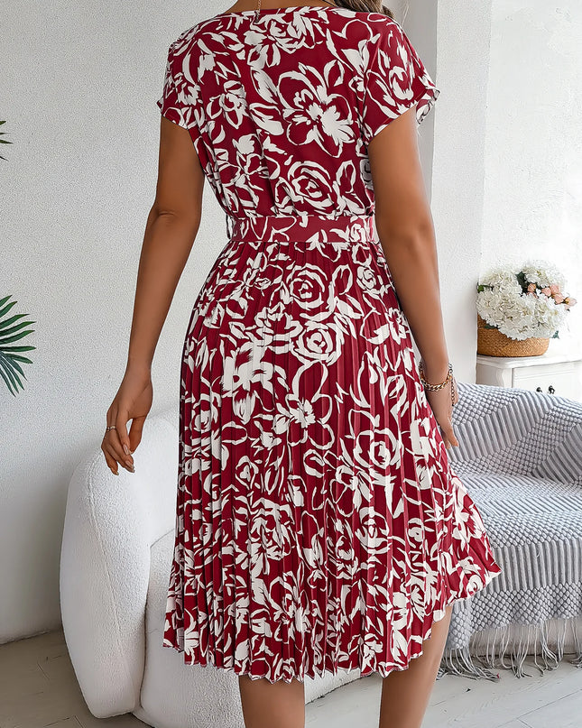 Elegant Flower Print Folded Dress