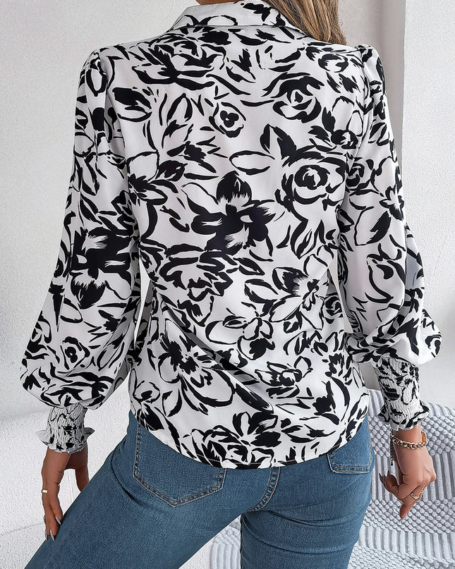 Flower Printed Lantern Sleeve Chiffon Blouse