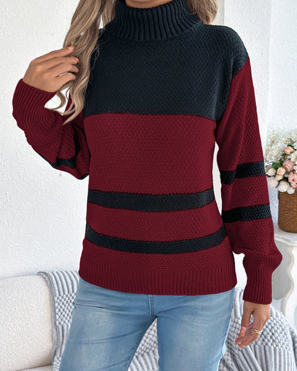 Striped Turtleneck Lantern Sleeve Sweater