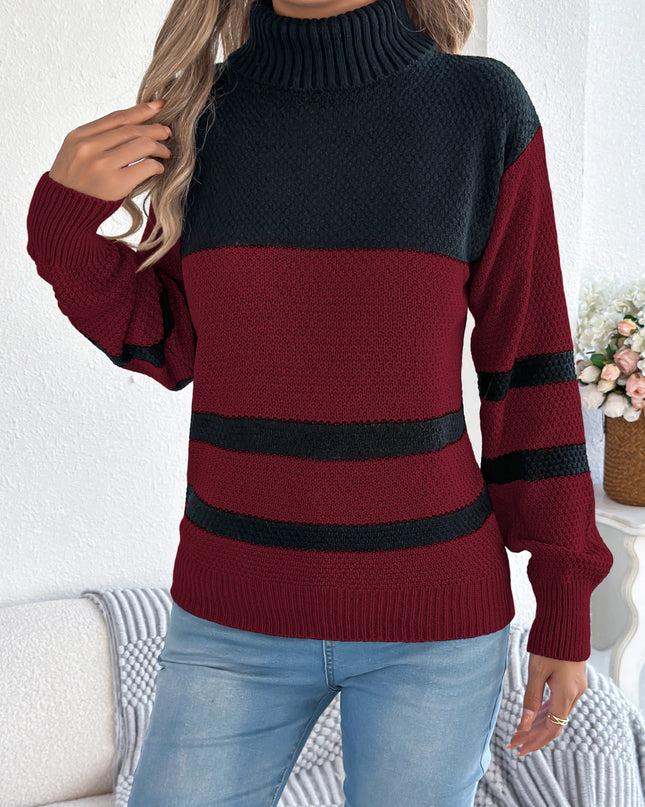Striped Turtleneck Lantern Sleeve Sweater