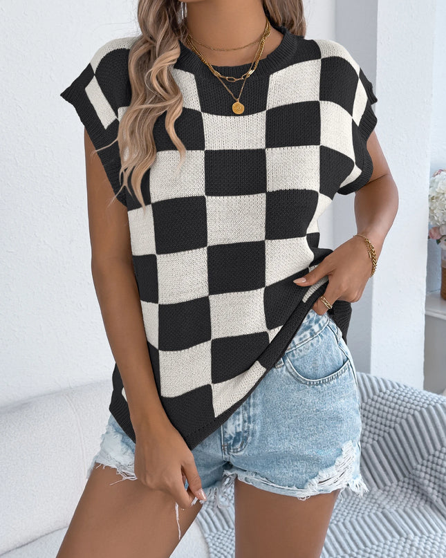 Color Block Plaid Short Sleeve Knit Top