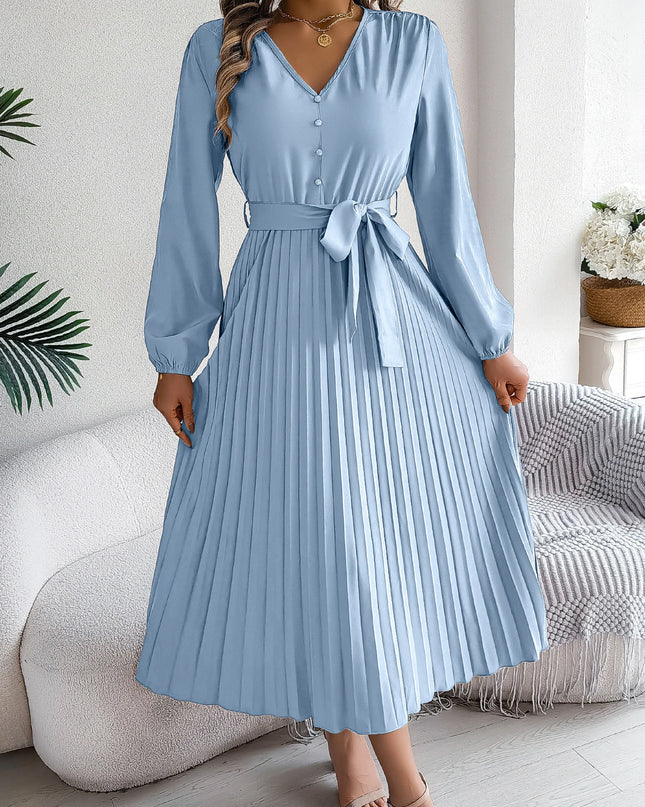 Button V Neck Lace Up Pleated Dress