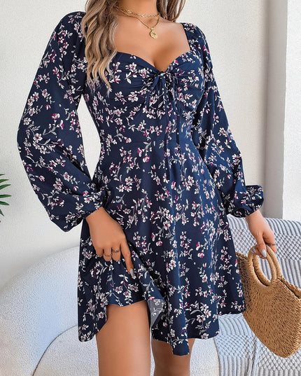 Floral Square Neck Drawstring Dress