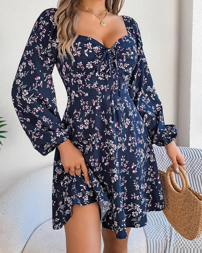 Floral Square Neck Drawstring Dress