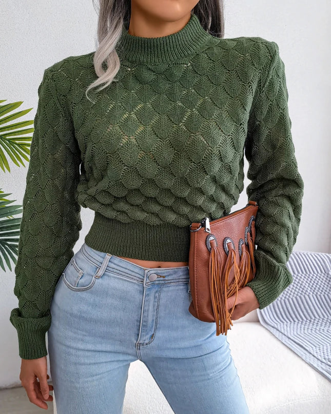 Hollow-Out Long-Sleeve Knit Crop Top