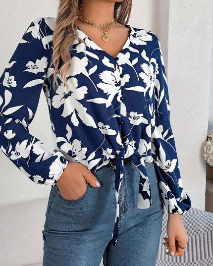 Flower Print Lace Up Bow Chiffon Blouse