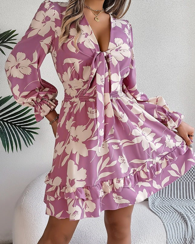Flower Print Tie Bow Long Sleeve Dress