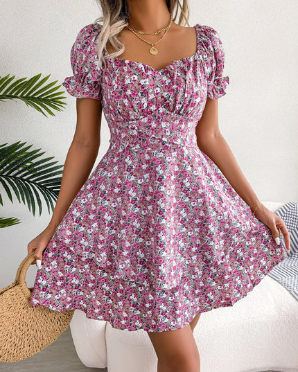 Floral Pleated Short Sleeve Dress