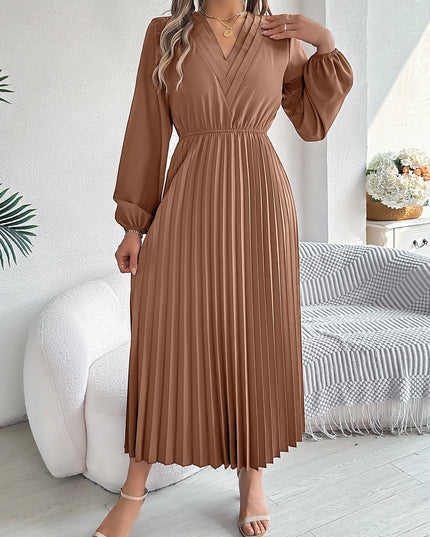 V Neck High Waist Pleated Maxi Dress