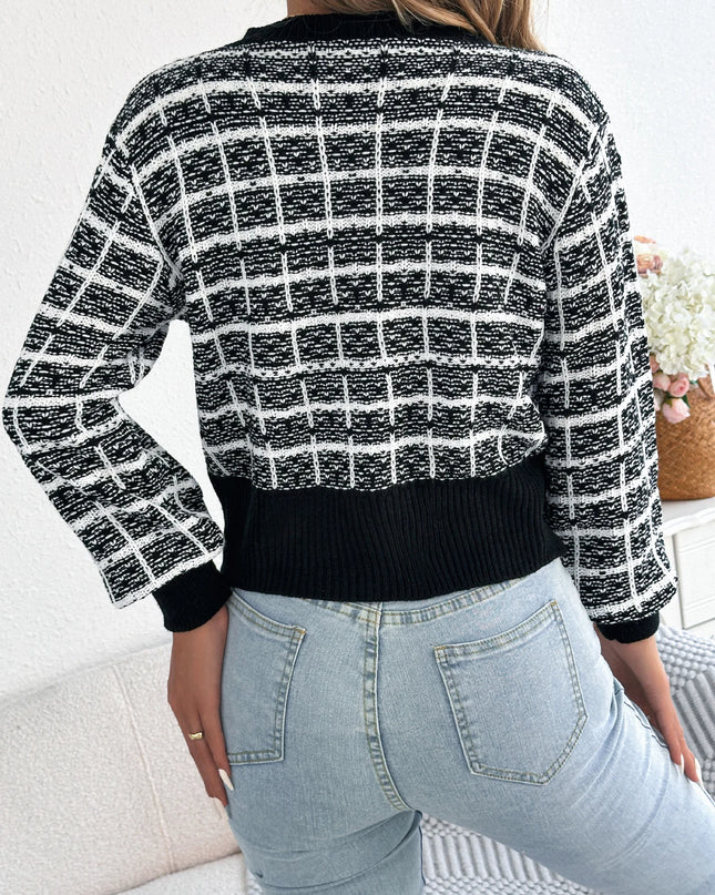 Contrast Plaid Knitted Cardigan