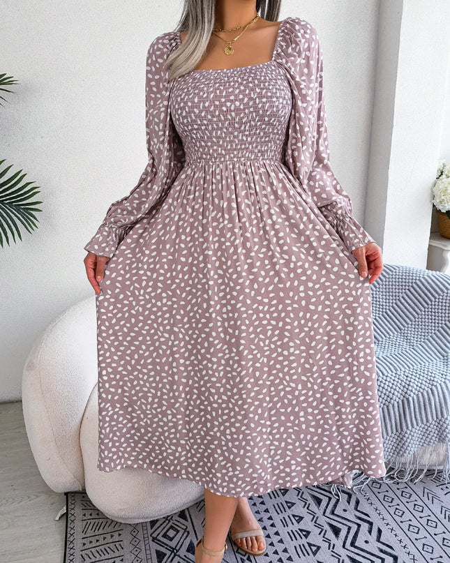 Polka Dot Square Neck Long Sleeve Dress