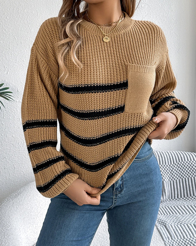 Pocket Striped Round Neck Sweater