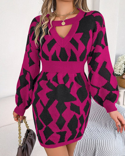 Hollow Out Lantern Sleeve Knitted Dress