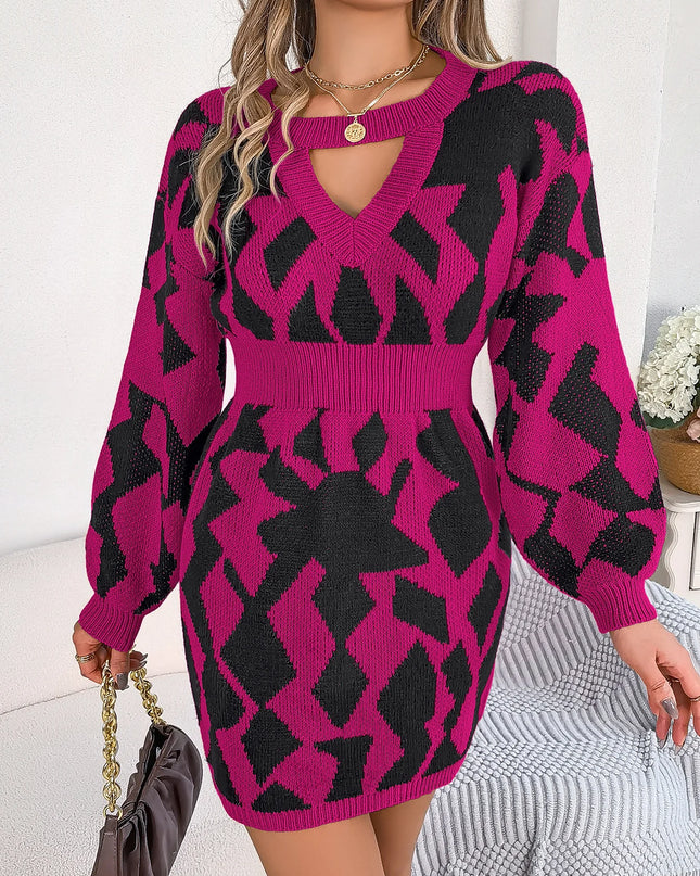 Hollow Out Lantern Sleeve Knitted Dress