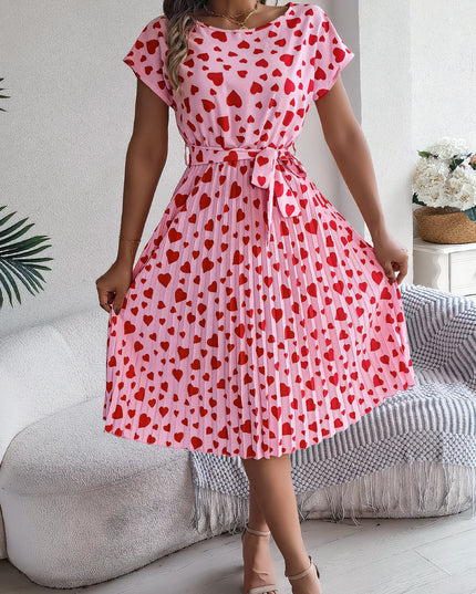 Heart Print Pleated Short Sleeve Dress