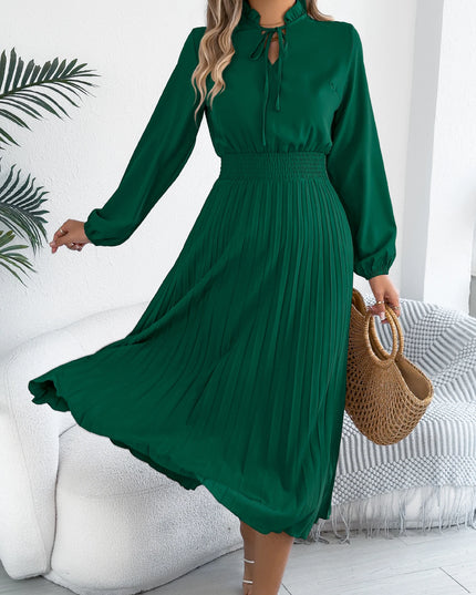 V Neck Lace Up Pleated Maxi Dress