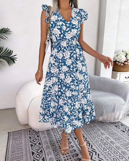 Floral Print V Neck Long Dress