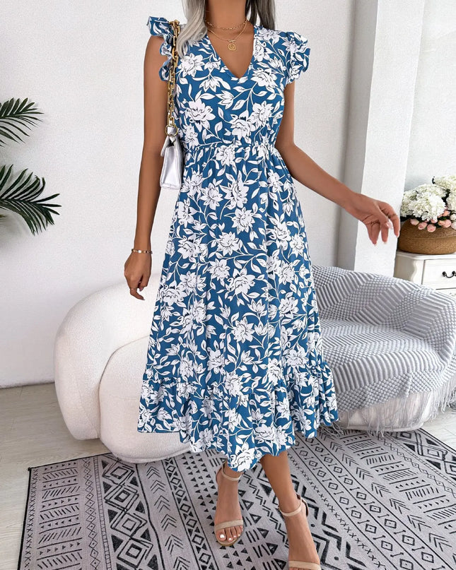 Floral Print V Neck Long Dress