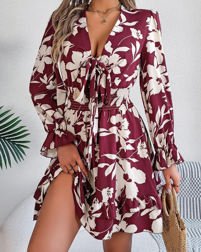 Flower Print Tie Bow Long Sleeve Dress