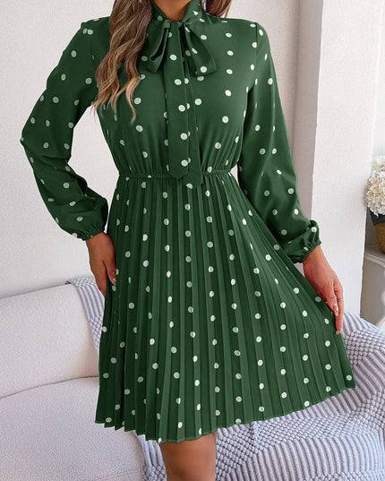 Polka Dot Lace-Up Pleated Dress