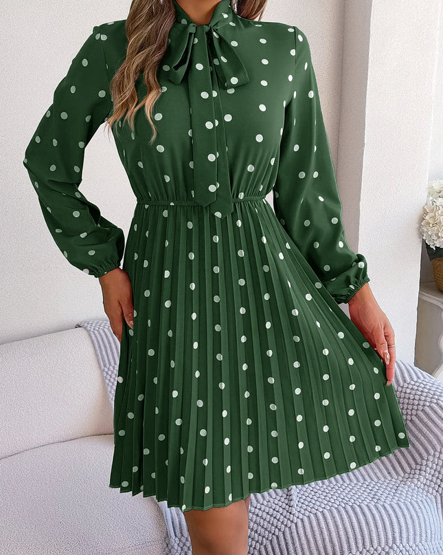 Polka Dot Lace-Up Pleated Dress