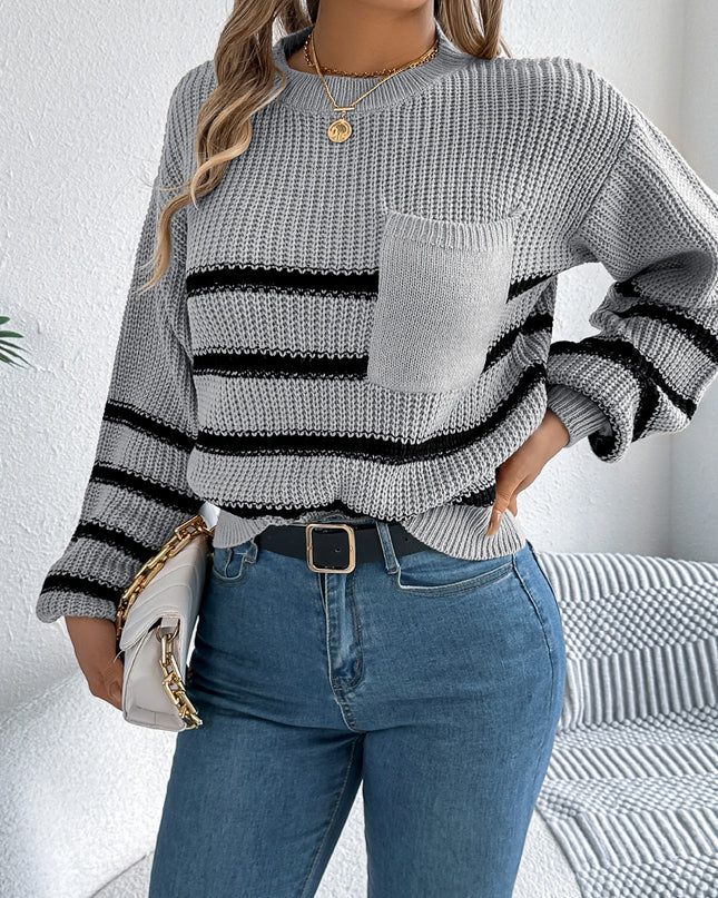 Pocket Striped Round Neck Sweater