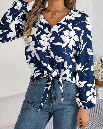 Flower Print Lace Up Bow Chiffon Blouse